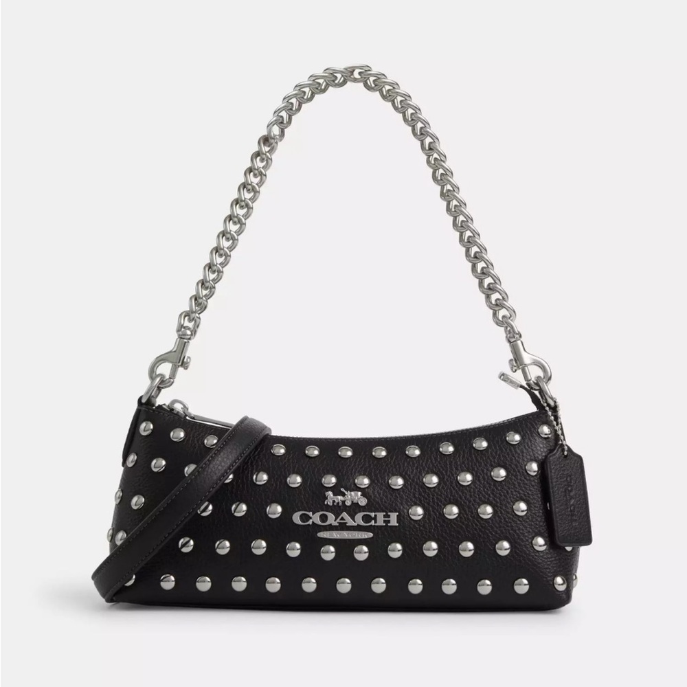 NWT COACH Charlotte Leather Shoulder Bag With Rivets Silver/Black Crossbody - Picture 9 of 9